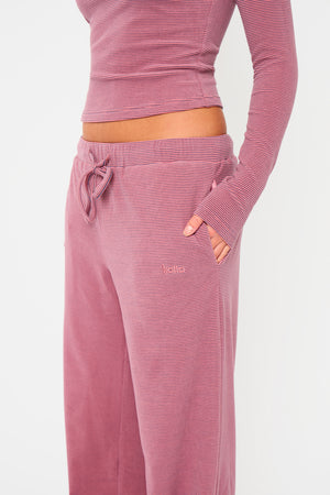 Kaiia Striped Fleece Drawstring Wide Leg Trousers Pink & Black
