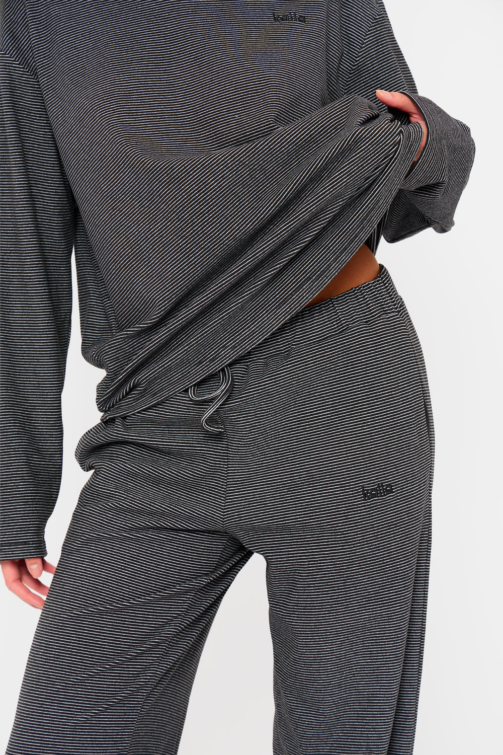 Kaiia Striped Fleece Drawstring Wide Leg Trousers Black & Cream