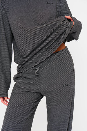 Kaiia Striped Fleece Drawstring Wide Leg Trousers Black & Cream