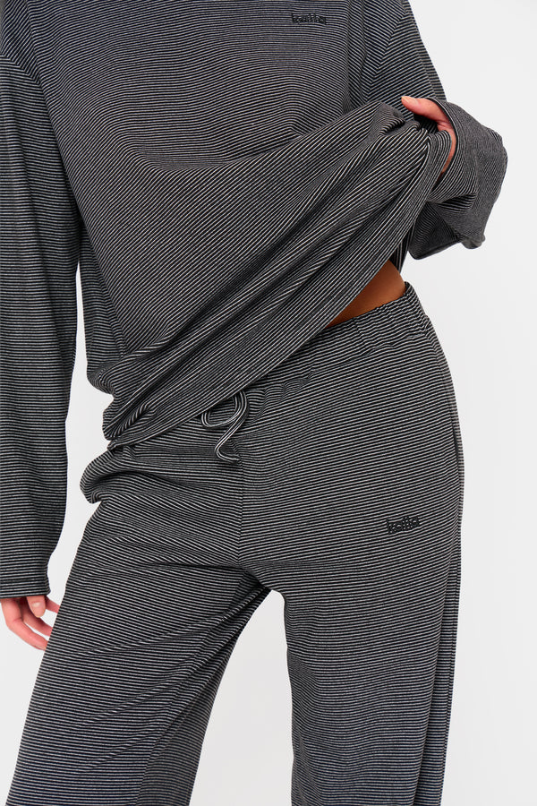 Kaiia Striped Fleece Drawstring Wide Leg Trousers Black & Cream