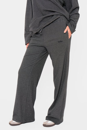 Kaiia Striped Fleece Drawstring Wide Leg Trousers Black & Cream