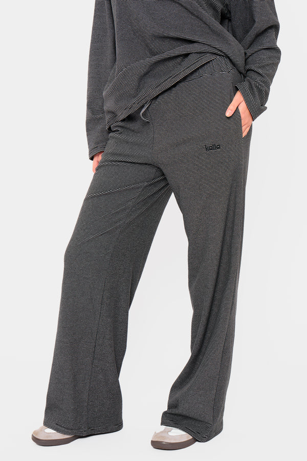 Kaiia Striped Fleece Drawstring Wide Leg Trousers Black & Cream