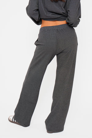 Kaiia Striped Fleece Drawstring Wide Leg Trousers Black & Cream