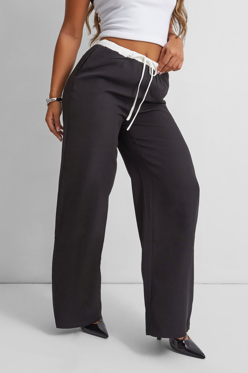 Kaiia Wide Leg Contrast Waist Wide Leg Trousers in Black and White