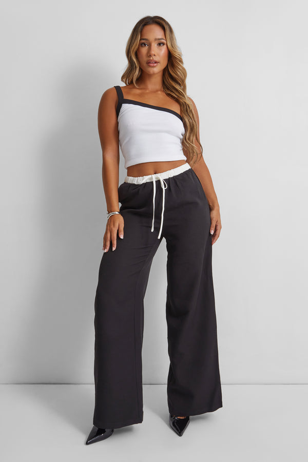 Kaiia Wide Leg Contrast Waist Wide Leg Trousers in Black and White