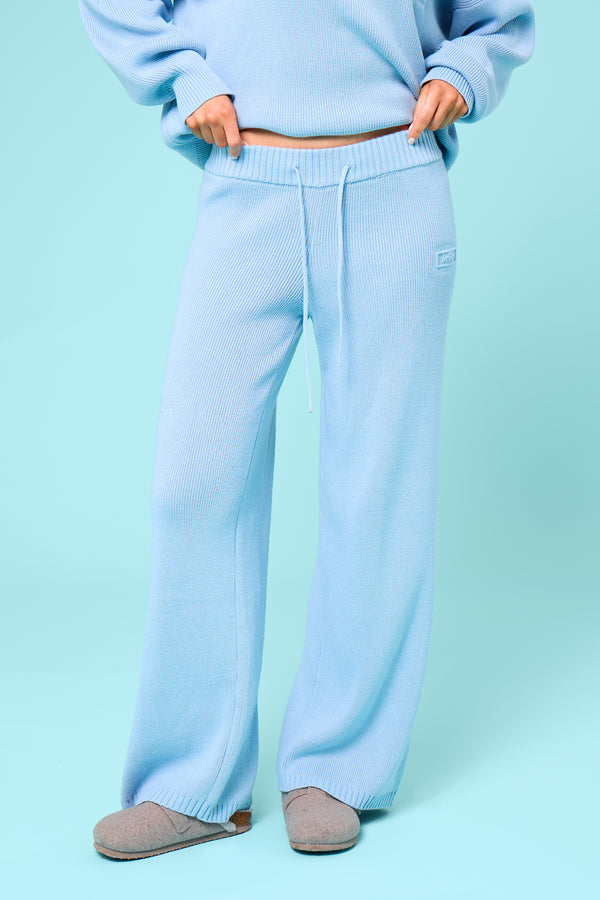 Kaiia Embossed Premium Knit Wide Leg Trousers Baby Blue