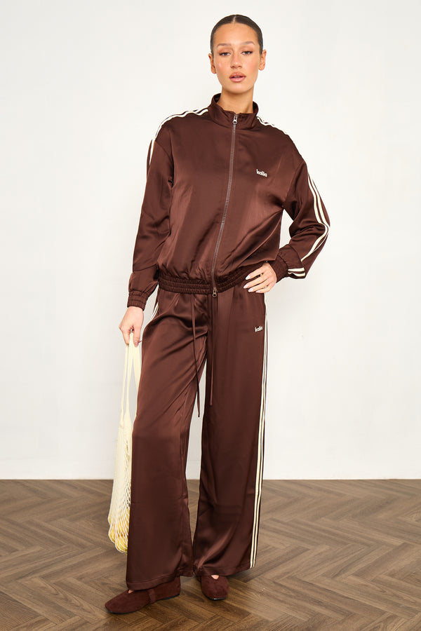Kaiia Satin Side Stripe Wide Leg Trousers Cocoa Brown & Lemon