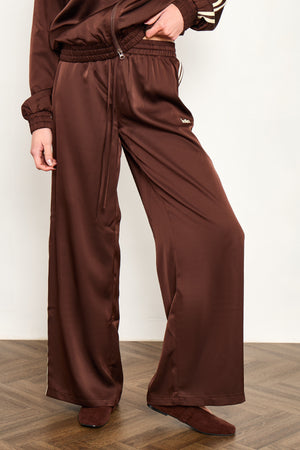 Kaiia Satin Side Stripe Wide Leg Trousers Cocoa Brown & Lemon