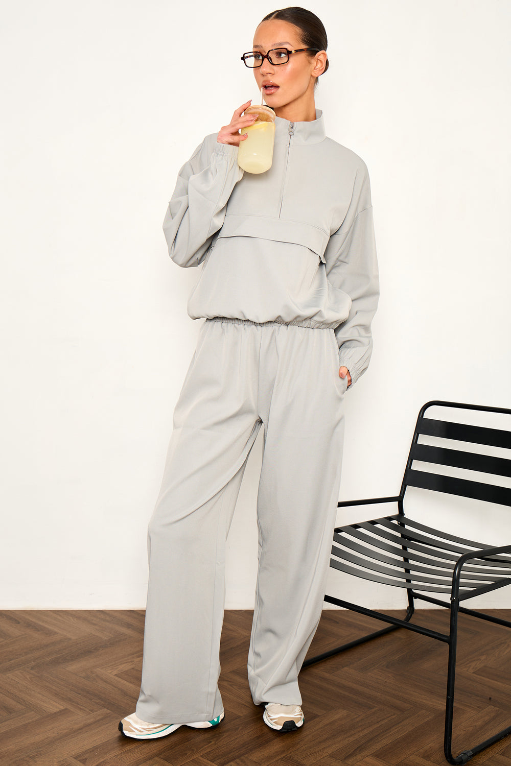 Kaiia Woven Wide Leg Trousers Grey Blue