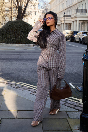 Kaiia Woven Check Straight Leg Trousers Chocolate Brown