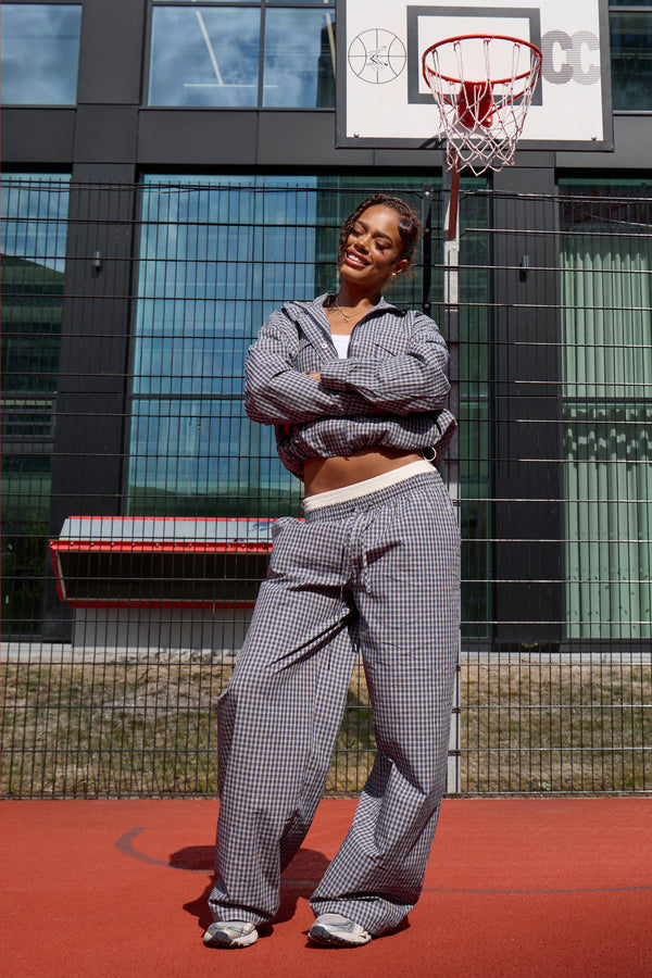 Kaiia Woven Check Double Waistband Straight Leg Trousers Navy