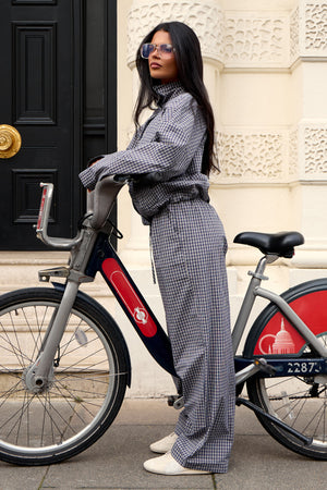 Kaiia Woven Check Double Waistband Straight Leg Trousers Navy