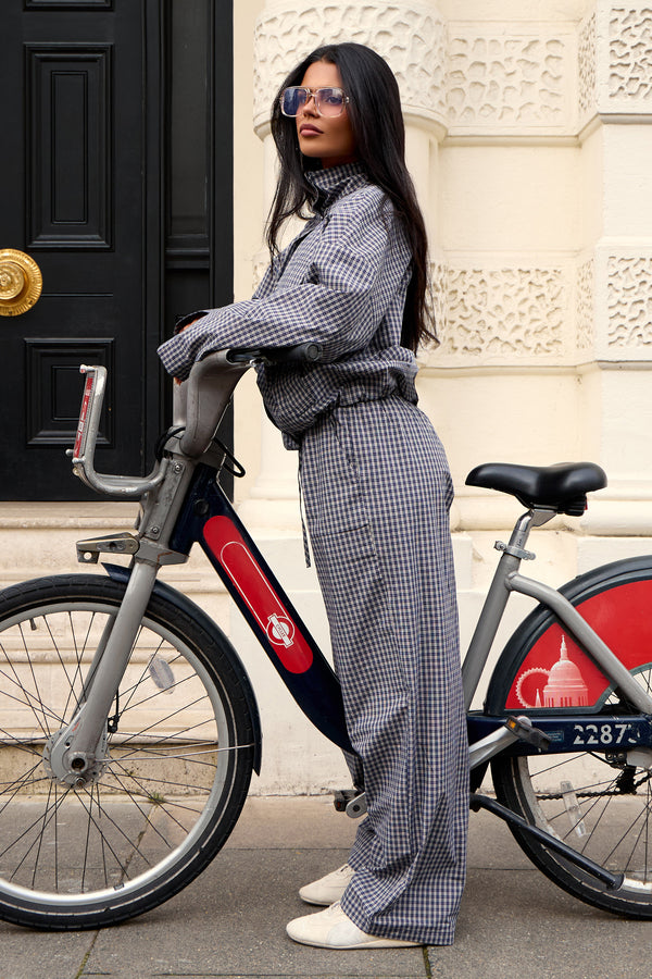 Kaiia Woven Check Double Waistband Straight Leg Trousers Navy