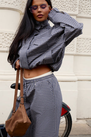 Kaiia Woven Check Double Waistband Straight Leg Trousers Navy