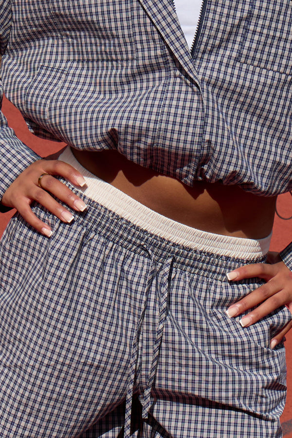 Kaiia Woven Check Double Waistband Straight Leg Trousers Navy