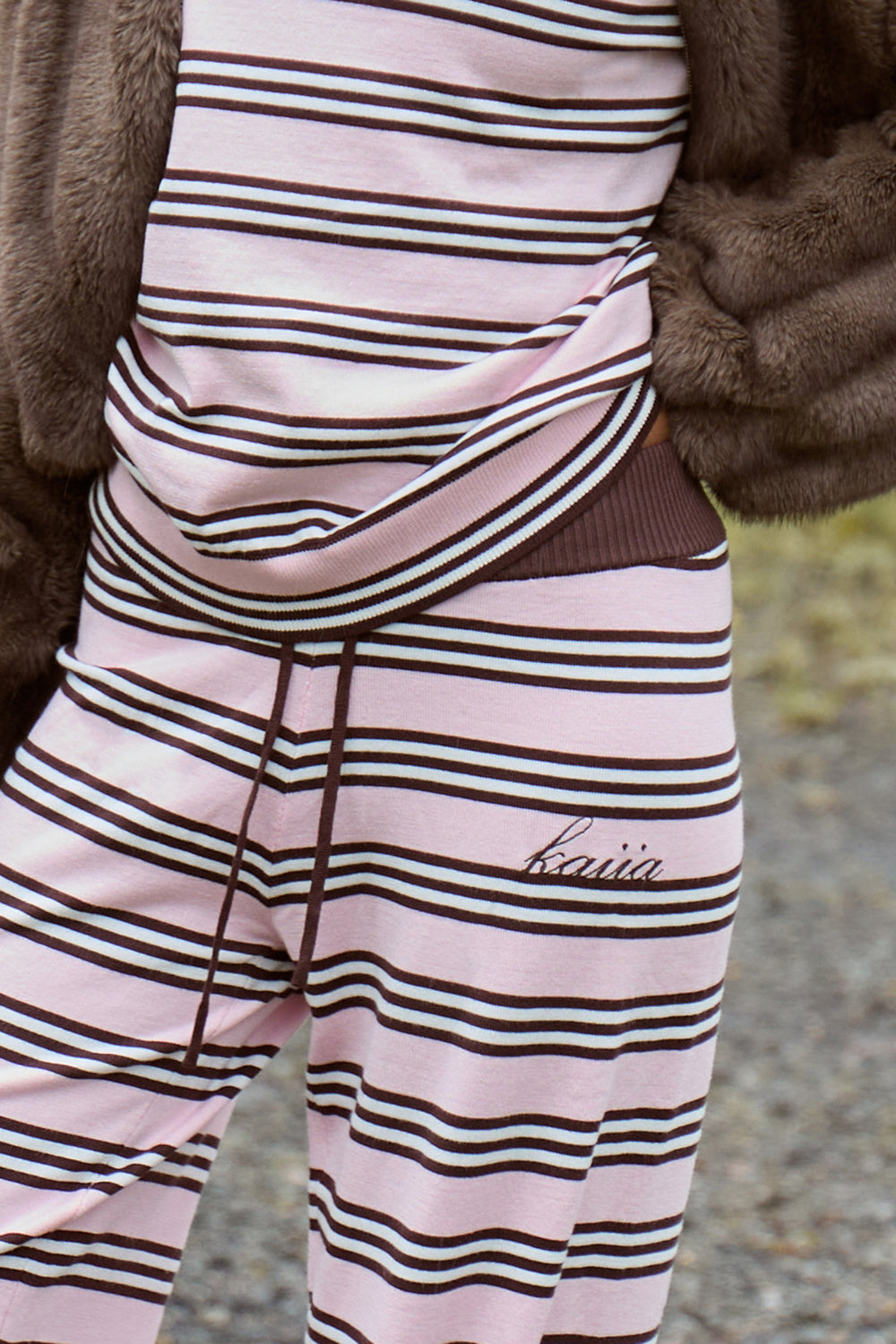 Kaiia Knit Striped Wide leg Trousers Pink & Chocolate