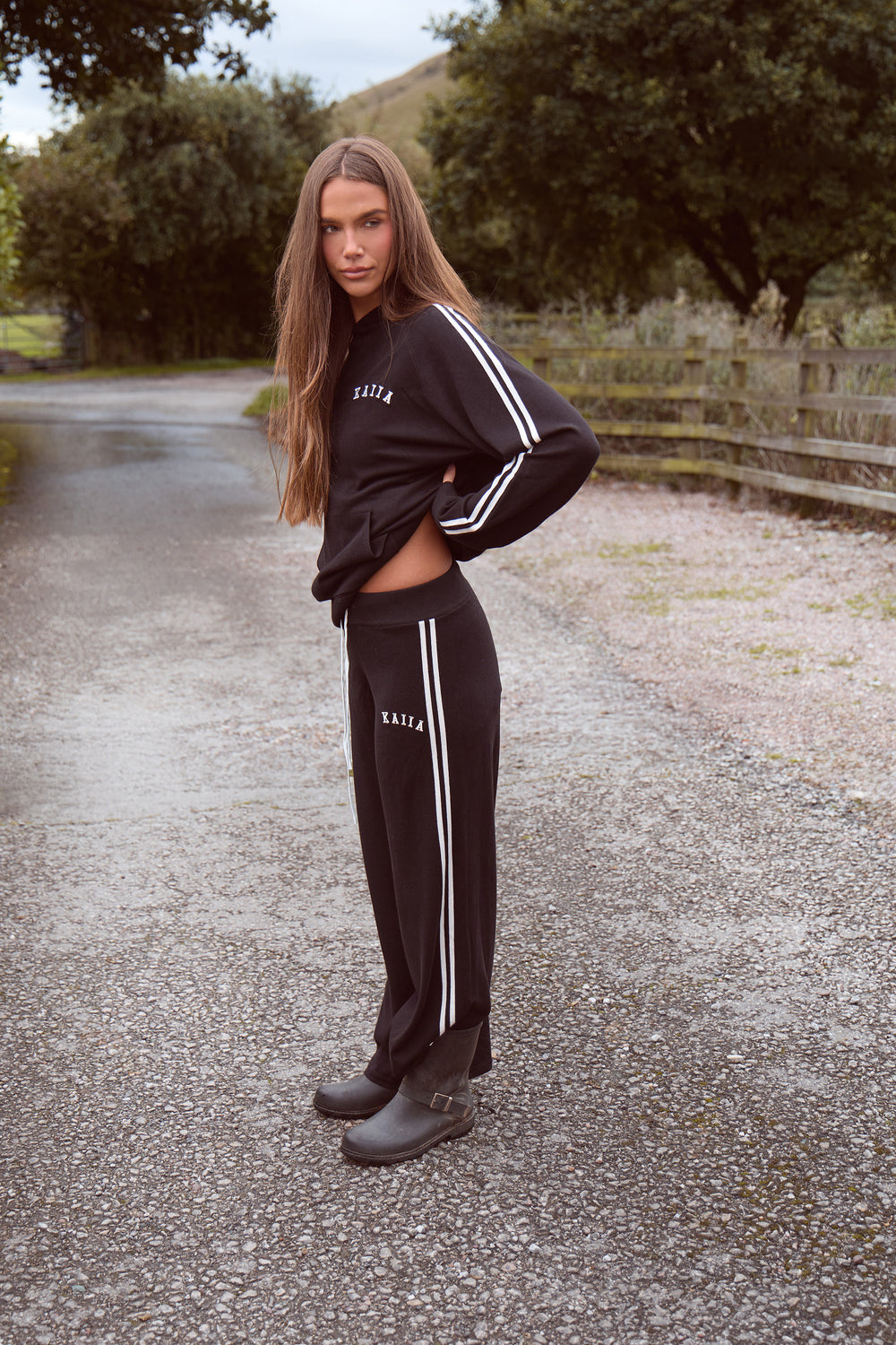 Kaiia Lightweight Knit Side Stripe Wide Leg Trousers Black & White