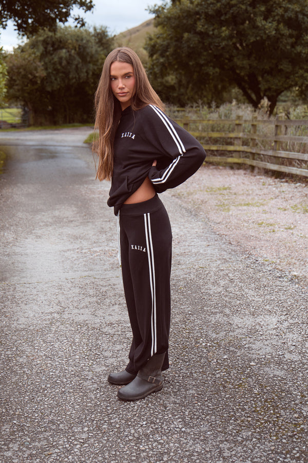 Kaiia Lightweight Knit Side Stripe Wide Leg Trousers Black & White