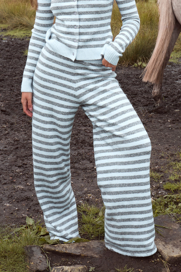 Kaiia Knit Striped Wide Leg Trousers Baby Blue & Grey