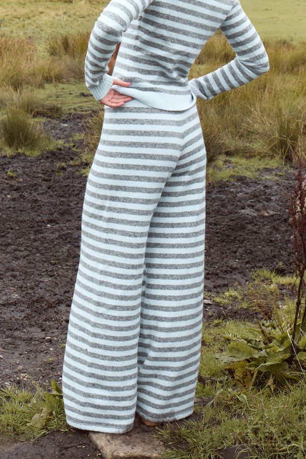 Kaiia Knit Striped Wide Leg Trousers Baby Blue & Grey