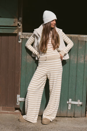 Kaiia Knit Striped Wide Leg Trousers Taupe & Cream