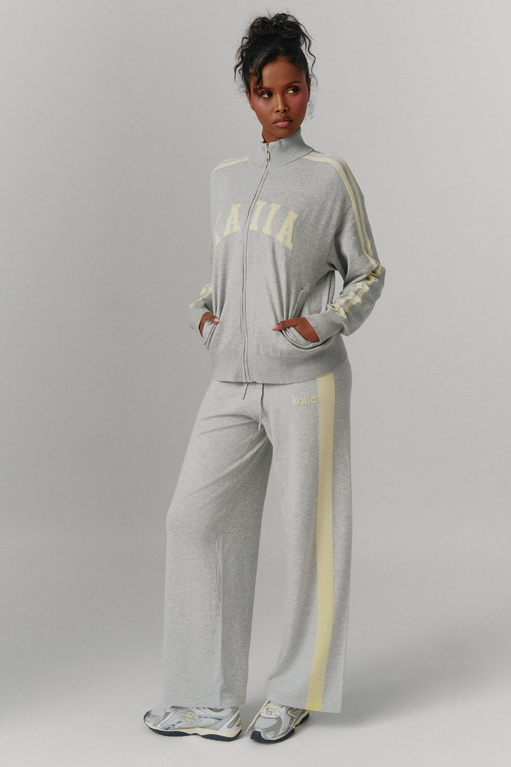 Kaiia Lightweight Knit Sport Stripe Wide Leg Trousers Grey Marl & Lemon