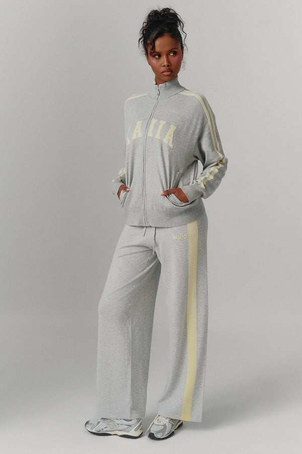 Kaiia Lightweight Knit Sport Stripe Wide Leg Trousers Grey Marl & Lemon