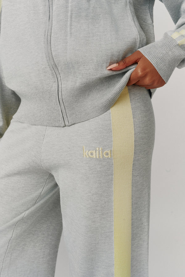 Kaiia Lightweight Knit Sport Stripe Wide Leg Trousers Grey Marl & Lemon