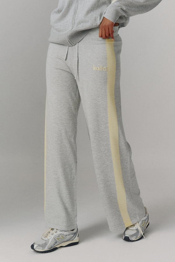 Kaiia Lightweight Knit Sport Stripe Wide Leg Trousers Grey Marl & Lemon