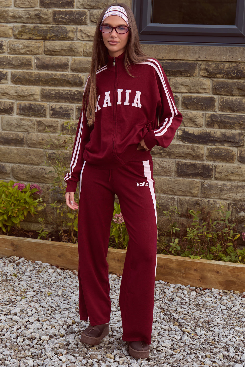 Kaiia Lightweight Knit Sport Stripe Wide Leg Trousers Dark Cherry & Pink