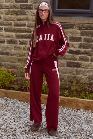 Kaiia Lightweight Knit Sport Stripe Wide Leg Trousers Dark Cherry & Pink