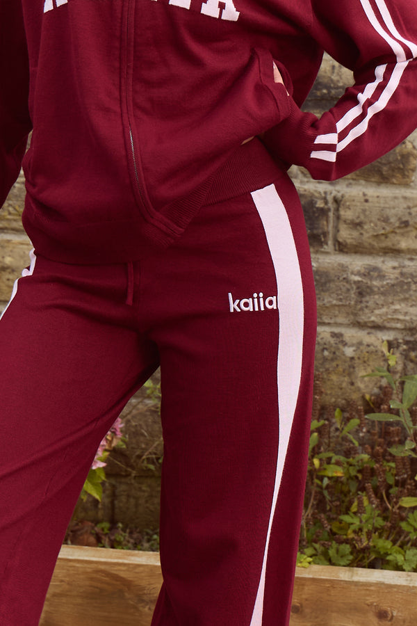 Kaiia Lightweight Knit Sport Stripe Wide Leg Trousers Dark Cherry & Pink