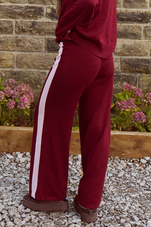Kaiia Lightweight Knit Sport Stripe Wide Leg Trousers Dark Cherry & Pink