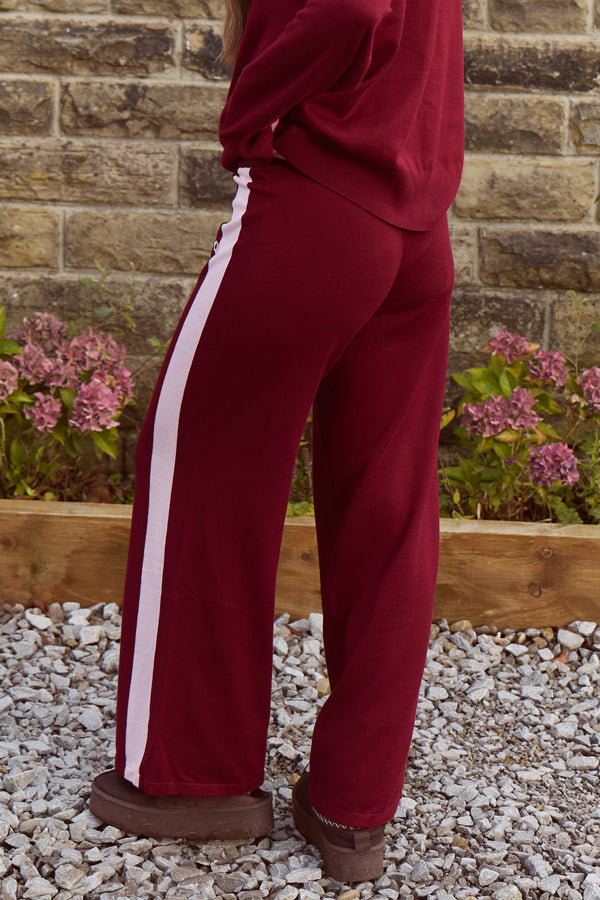 Kaiia Lightweight Knit Sport Stripe Wide Leg Trousers Dark Cherry & Pink