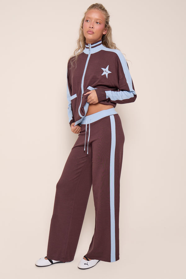 Kaiia Graphic Lightweight Knit Wide Leg Trousers Chocolate & Baby Blue