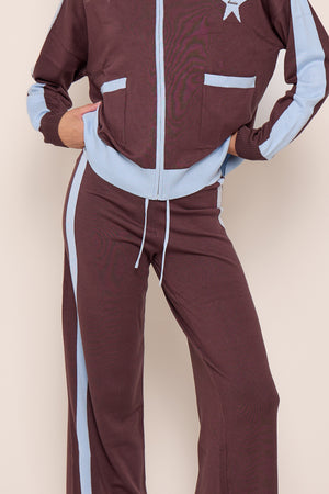 Kaiia Graphic Lightweight Knit Wide Leg Trousers Chocolate & Baby Blue