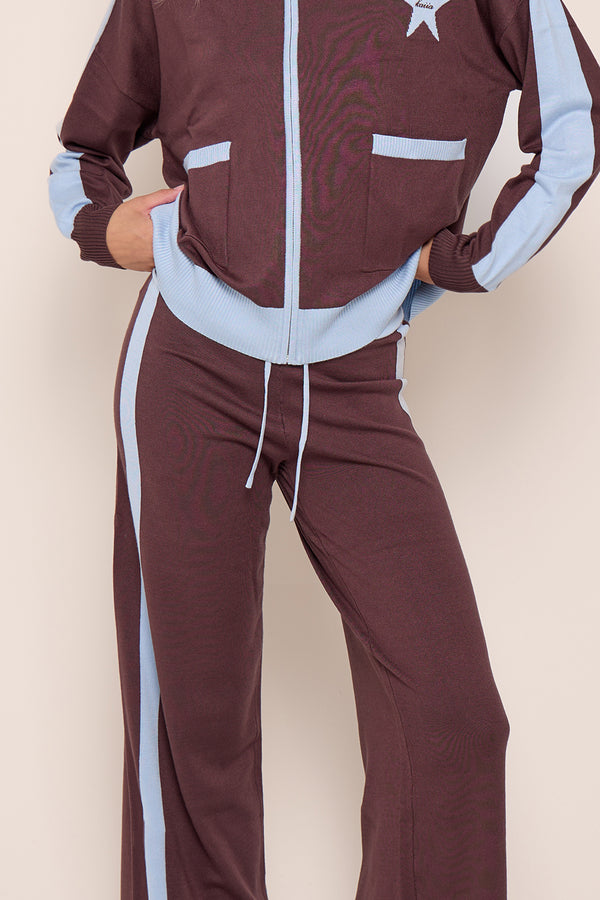 Kaiia Graphic Lightweight Knit Wide Leg Trousers Chocolate & Baby Blue