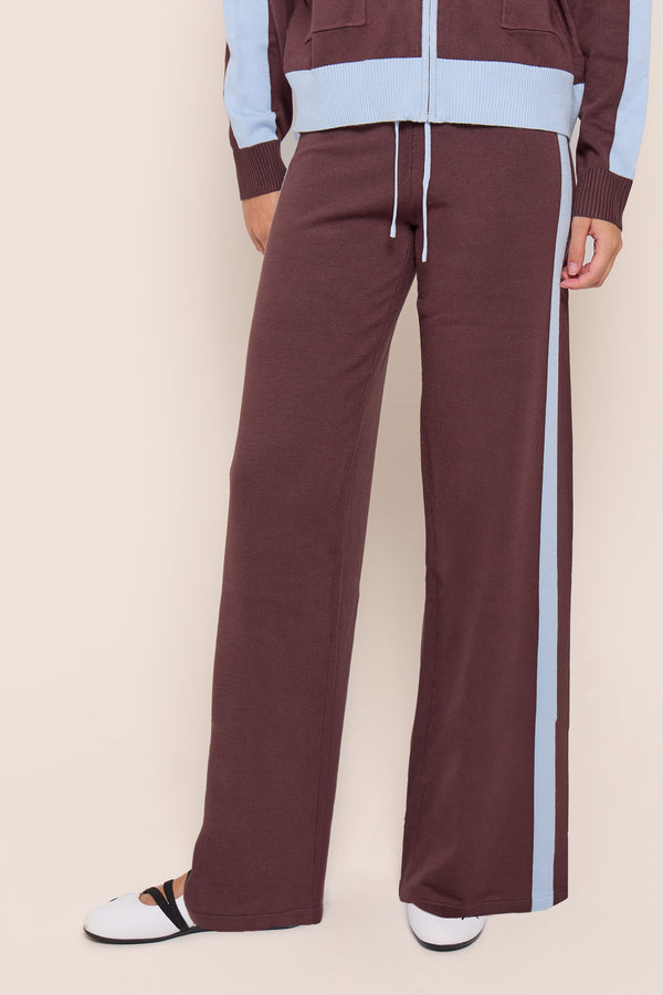Kaiia Graphic Lightweight Knit Wide Leg Trousers Chocolate & Baby Blue