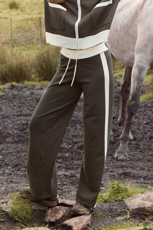 Kaiia Graphic Lightweight Knit Wide Leg Trousers Smoke Olive & Cream