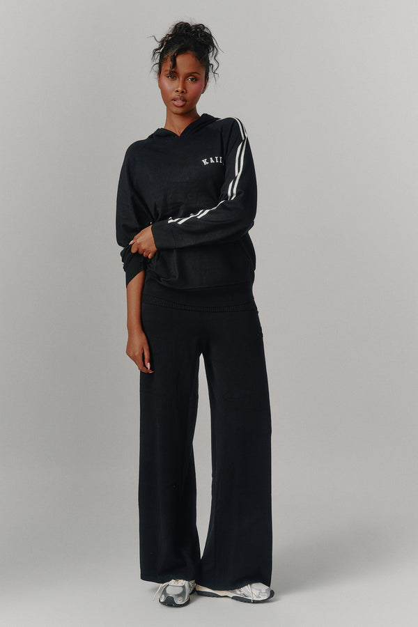 Kaiia Lightweight Knit Foldover Wide Leg Trousers Black