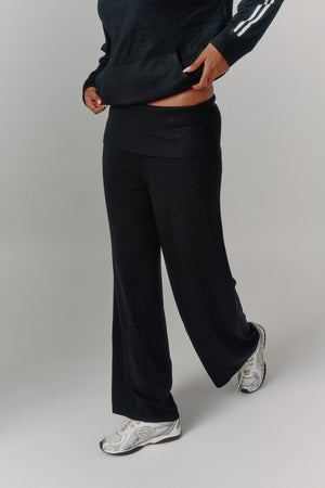 Kaiia Lightweight Knit Foldover Wide Leg Trousers Black