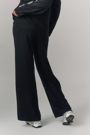 Kaiia Lightweight Knit Foldover Wide Leg Trousers Black