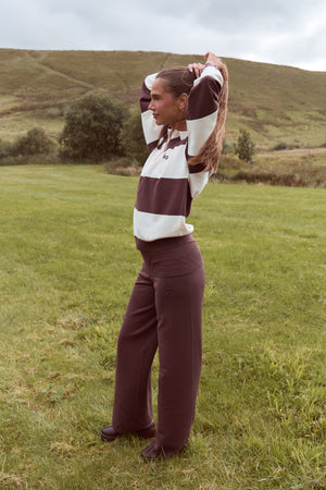 Kaiia Lightweight Knit Foldover Wide Leg Trousers Chocolate