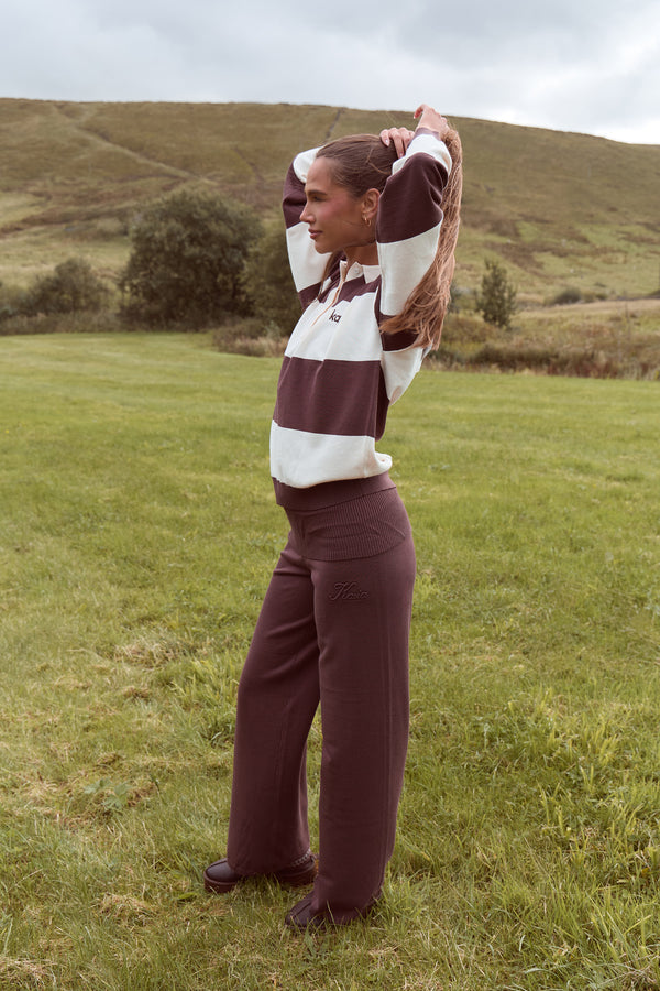 Kaiia Lightweight Knit Foldover Wide Leg Trousers Chocolate