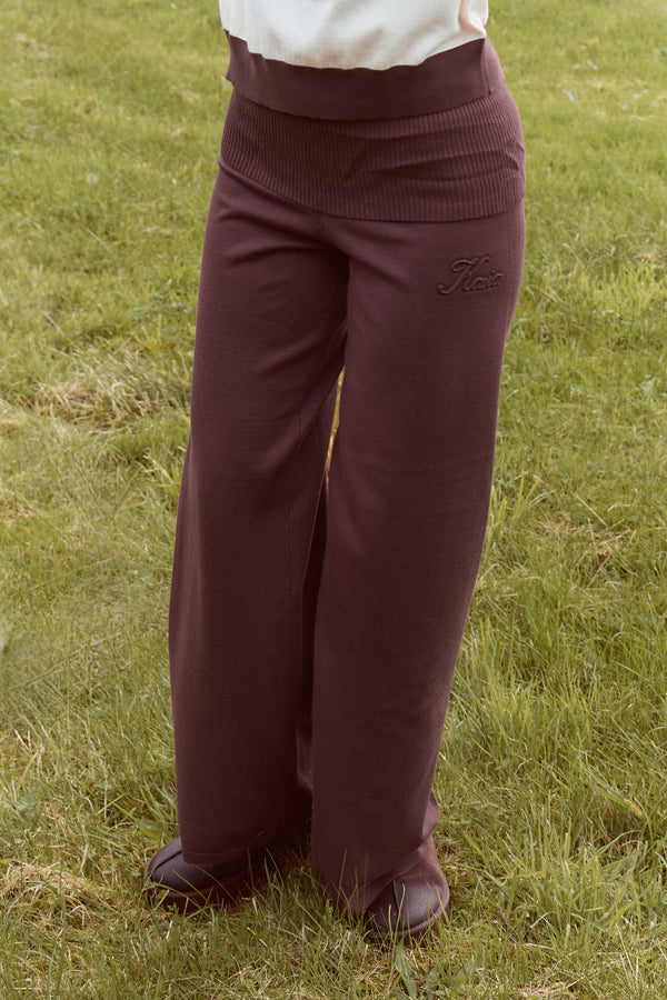 Kaiia Lightweight Knit Foldover Wide Leg Trousers Chocolate