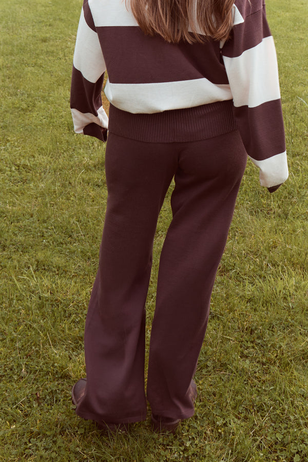 Kaiia Lightweight Knit Foldover Wide Leg Trousers Chocolate