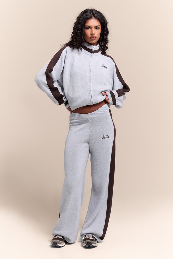 Kaiia Knit Sport Stripe Wide Leg Trousers Grey Marl & Chocolate