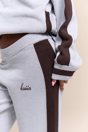 Kaiia Knit Sport Stripe Wide Leg Trousers Grey Marl & Chocolate