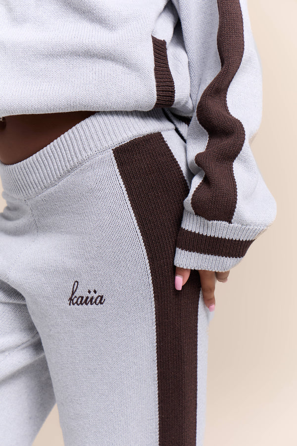 Kaiia Knit Sport Stripe Wide Leg Trousers Grey Marl & Chocolate