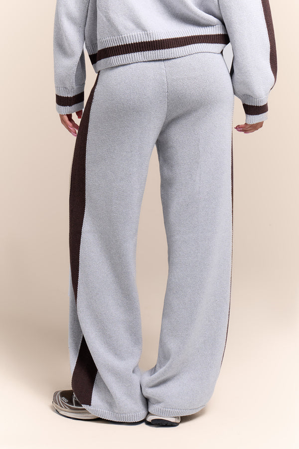 Kaiia Knit Sport Stripe Wide Leg Trousers Grey Marl & Chocolate